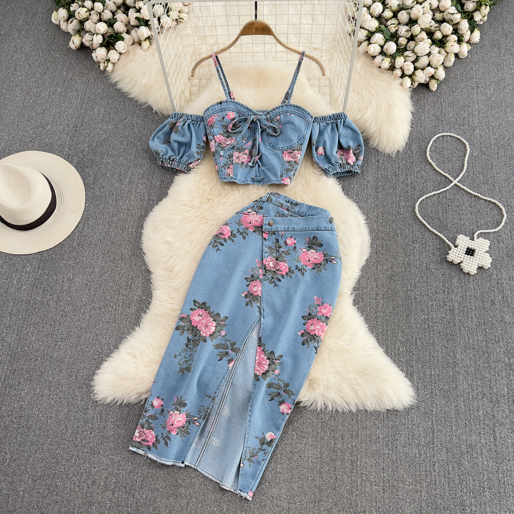 Winter Wear Clothes - Fashion Floral Print Denim Skirt Set