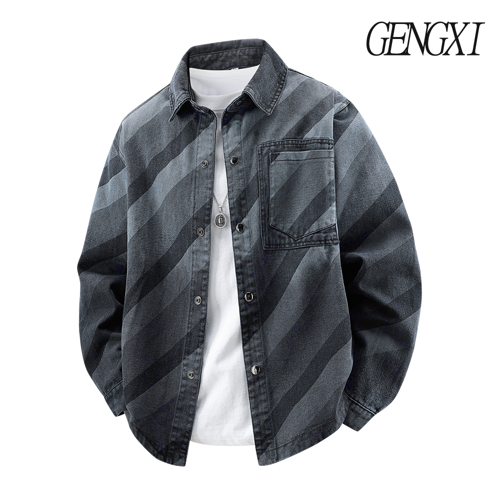 Winter Clothing Vintage - Men's Gradient Striped Design Washed Denim