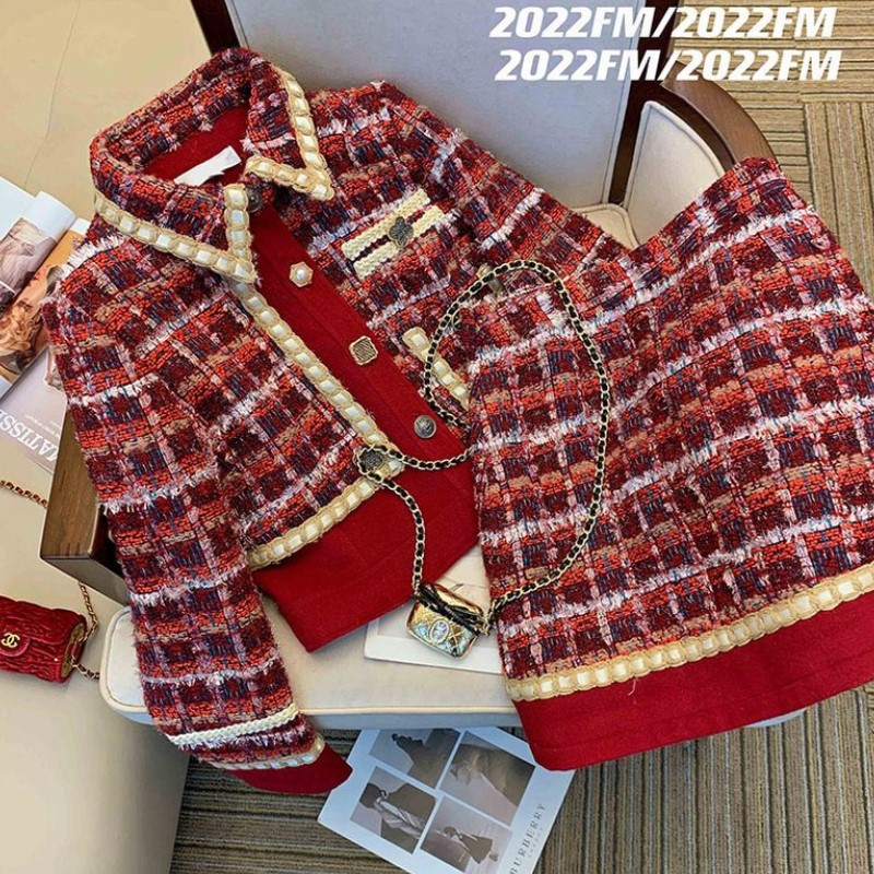 Women Elegant Tweed Red Suit J - Winter Clothing Vintage ulasan dan harga
